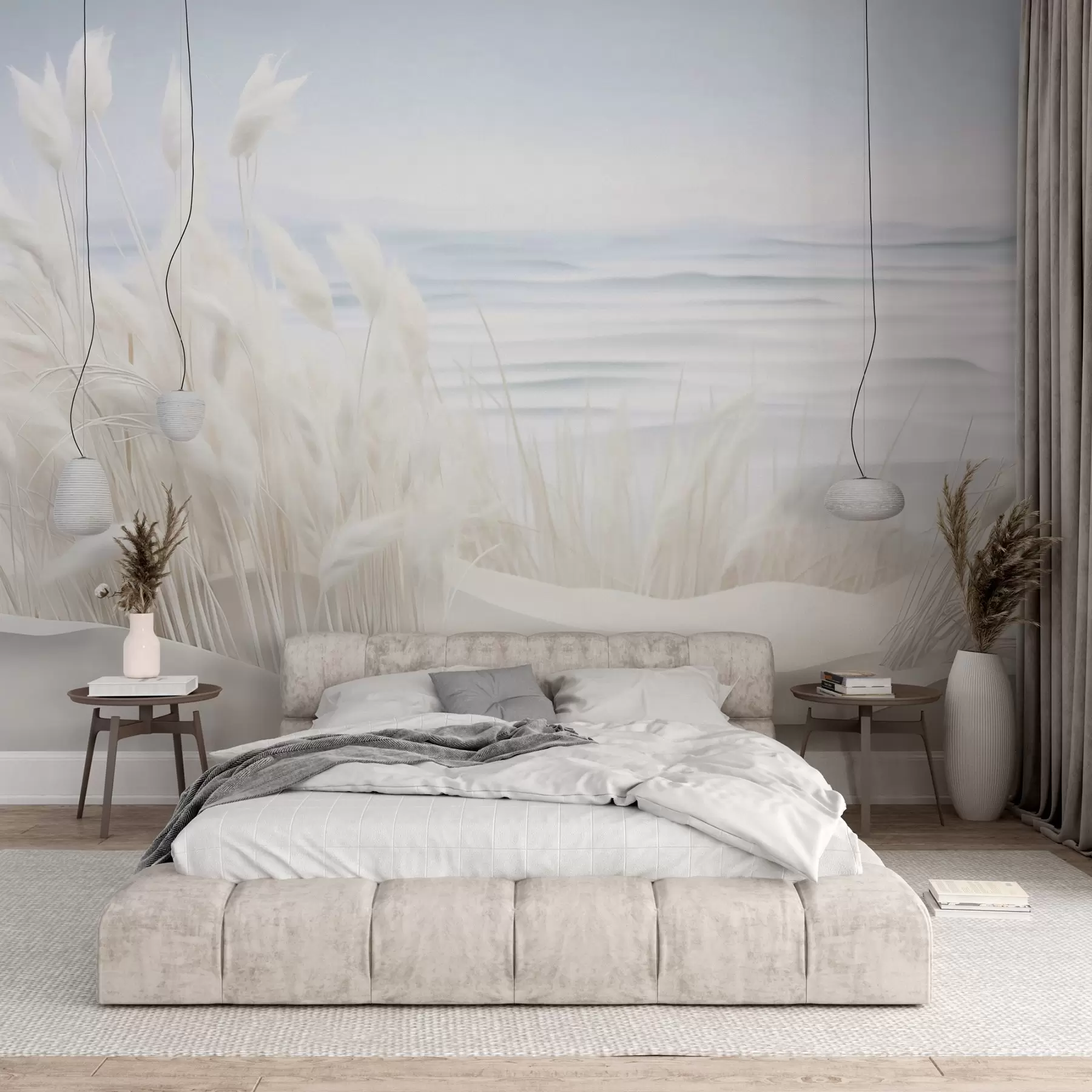 Murale Paysage avec de l'herbe blanche de la pampa sur une dune de sable, avec un océan bleu clair en arrière-plan, style doux et minimaliste w09132