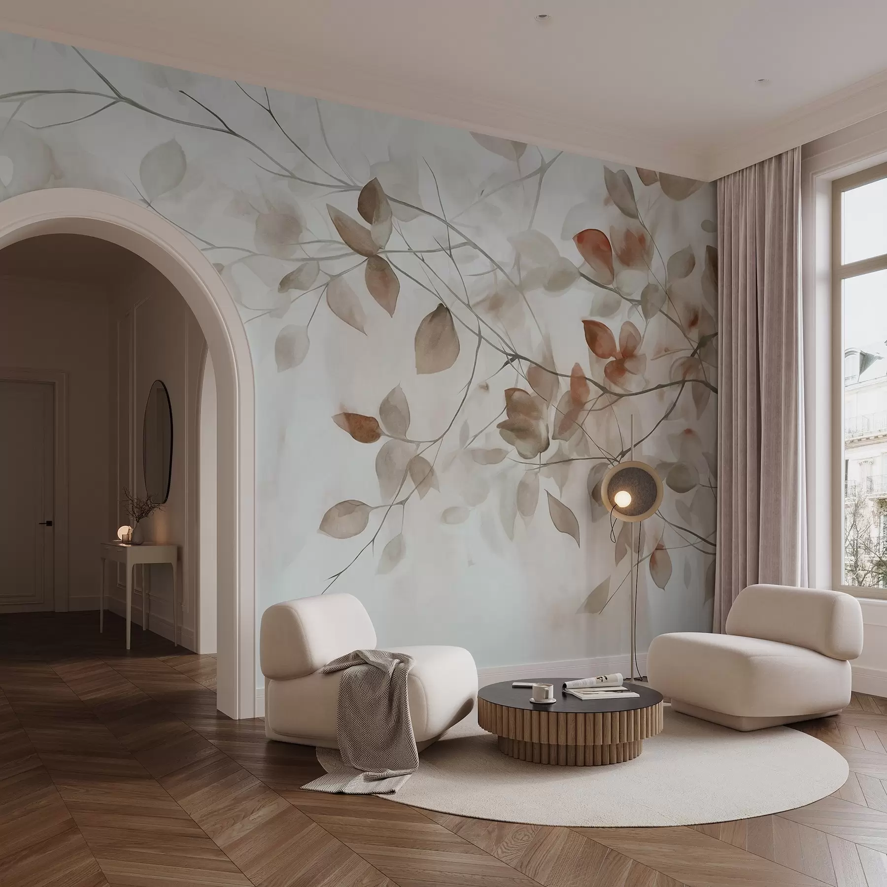 Murale Peinture aquarelle texturée imitant des feuilles et des branches brunes, couleurs douces, détails délicats sur fond blanc w09133