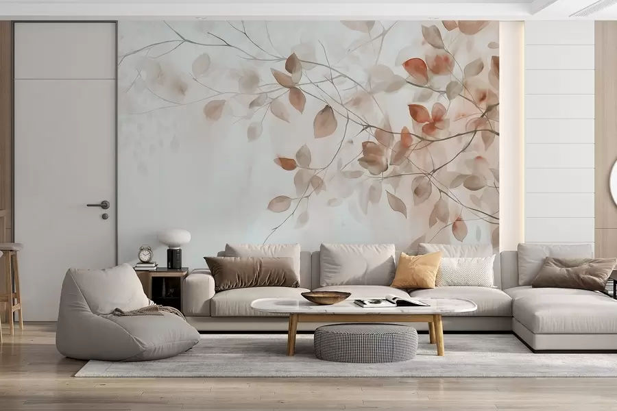 Murale Peinture aquarelle texturée imitant des feuilles et des branches brunes, couleurs douces, détails délicats sur fond blanc w09133
