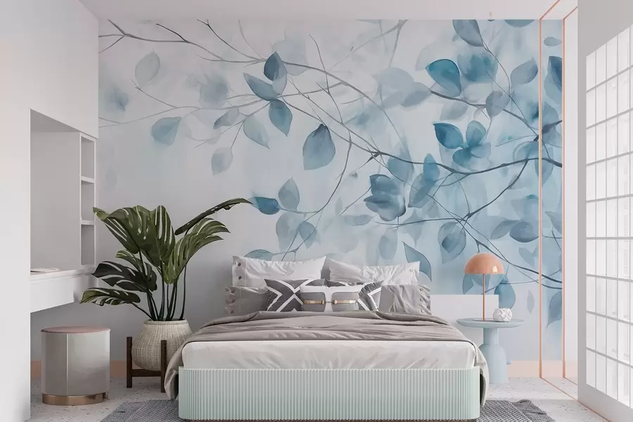 Fototapete Texturale Aquarellmalerei Nachahmung von blauen Blättern und Zweigen, weiche Farben, zarte Details vor weißem Hintergrund w09133v1