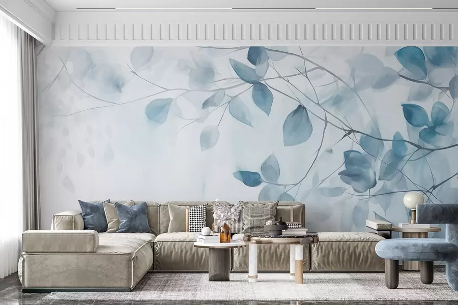 Fototapete Texturale Aquarellmalerei Nachahmung von blauen Blättern und Zweigen, weiche Farben, zarte Details vor weißem Hintergrund w09133v1