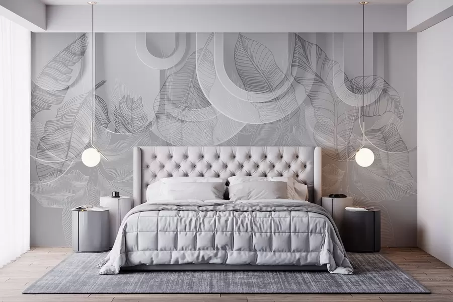 Murale Fond abstrait avec des arches grises et des feuilles tropicales blanches, design minimaliste, élégant et moderne, palette de couleurs neutres w09138