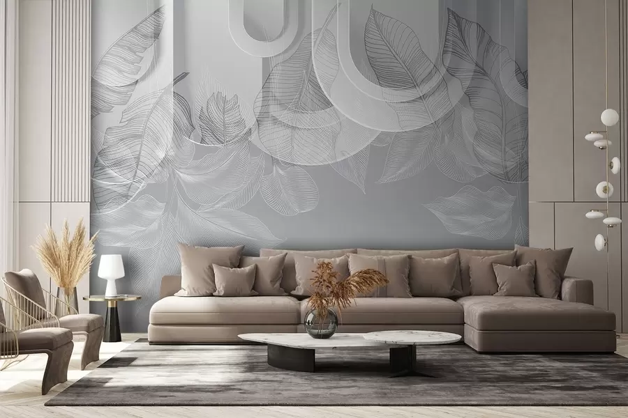 Fototapete Abstrakter Hintergrund mit grauen Bögen und weißen tropischen Blättern, minimalistisches Design, elegant und modern, neutrale Farbpalette w09138