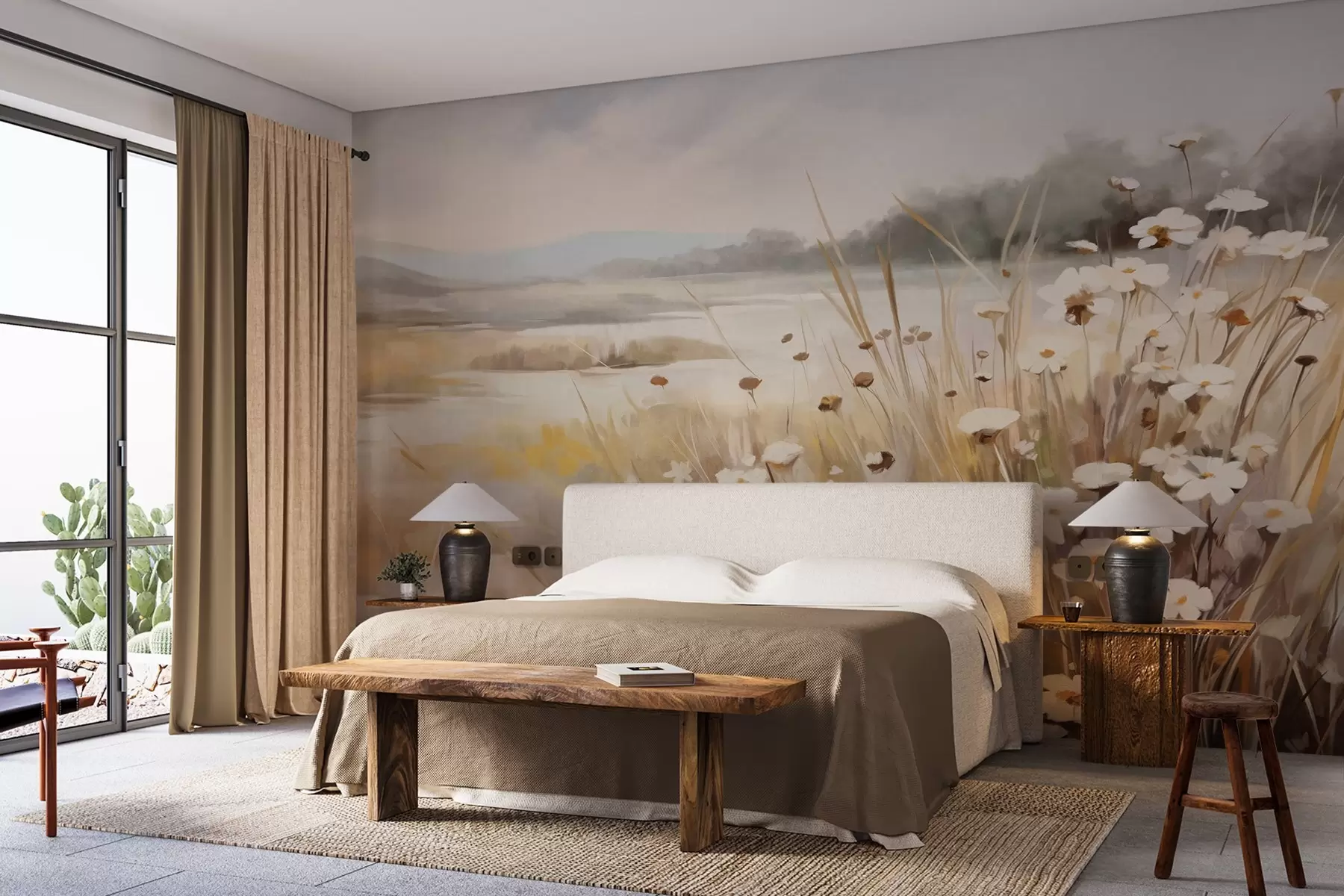 fototapeter Mark med højt græs og hvide margueritter, træer i baggrunden, under en overskyet himmel, tekstureret landskab, bløde penselstrøg w09139