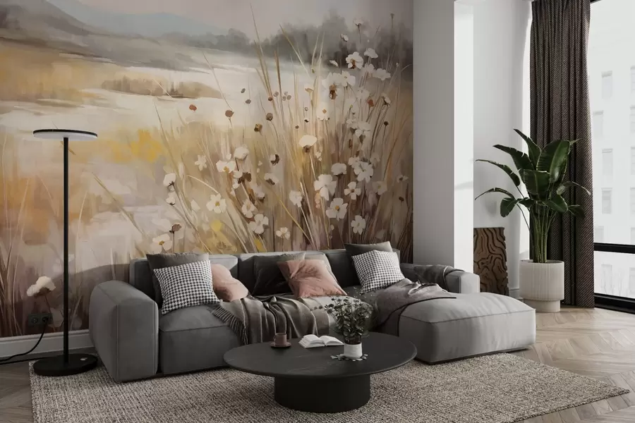 Fototapete Feld mit hohem Gras und weißen Gänseblümchen, Bäume im Hintergrund, unter einem bewölkten Himmel, strukturierte Landschaft, weiche Pinselstriche w09139