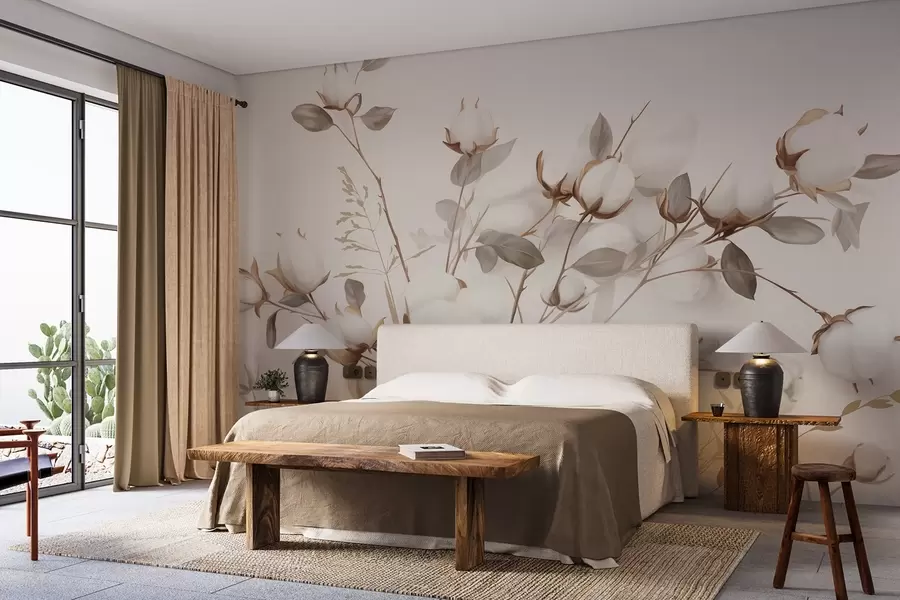 Fototapete Baumwollblüten mit Stängeln und Blättern in einer hellbraunen Farbpalette, beiger Hintergrund, weich und zart, Aquarellstil w09141