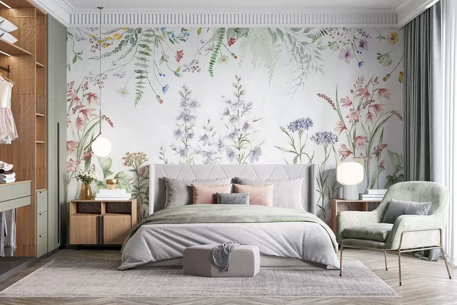 Fototapete Floral texturale Anordnung mit bunten Blumen und grünen Blättern, botanische Illustration, weichen Pastellfarben, Vintage-Stil w09143