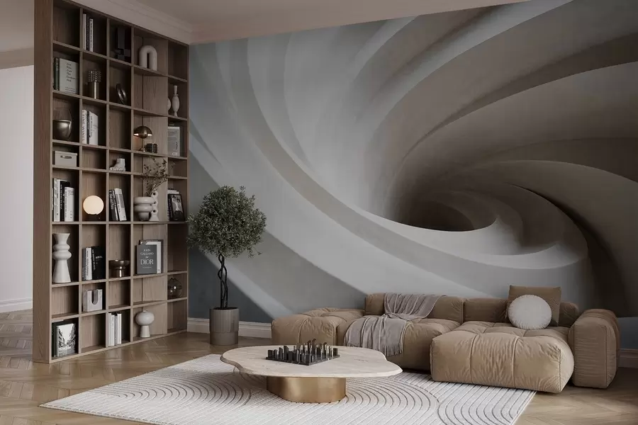 Fototapete Abstrakter, strukturierter Strudel aus weißen und beigen Schichten, der einen Wirbeleffekt erzeugt, dynamische Komposition, modernes, minimalistisches Design w09144