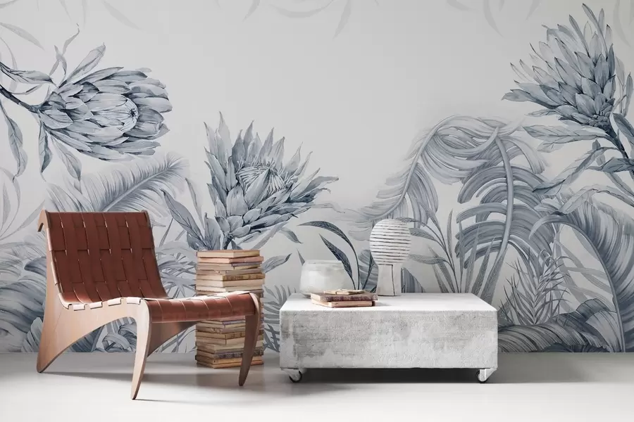 Murale Protea parmi des feuilles tropicales, nuances de vert w03952v2