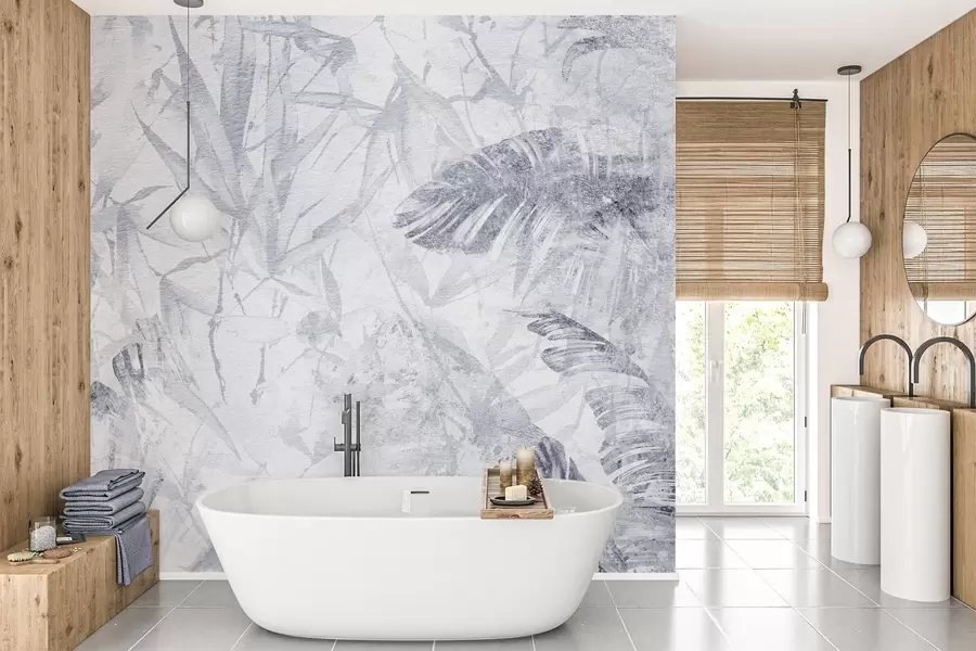 Murale Abstraction florale en style grunge avec imitation d'abrasion, nuances de bleu w03926v3