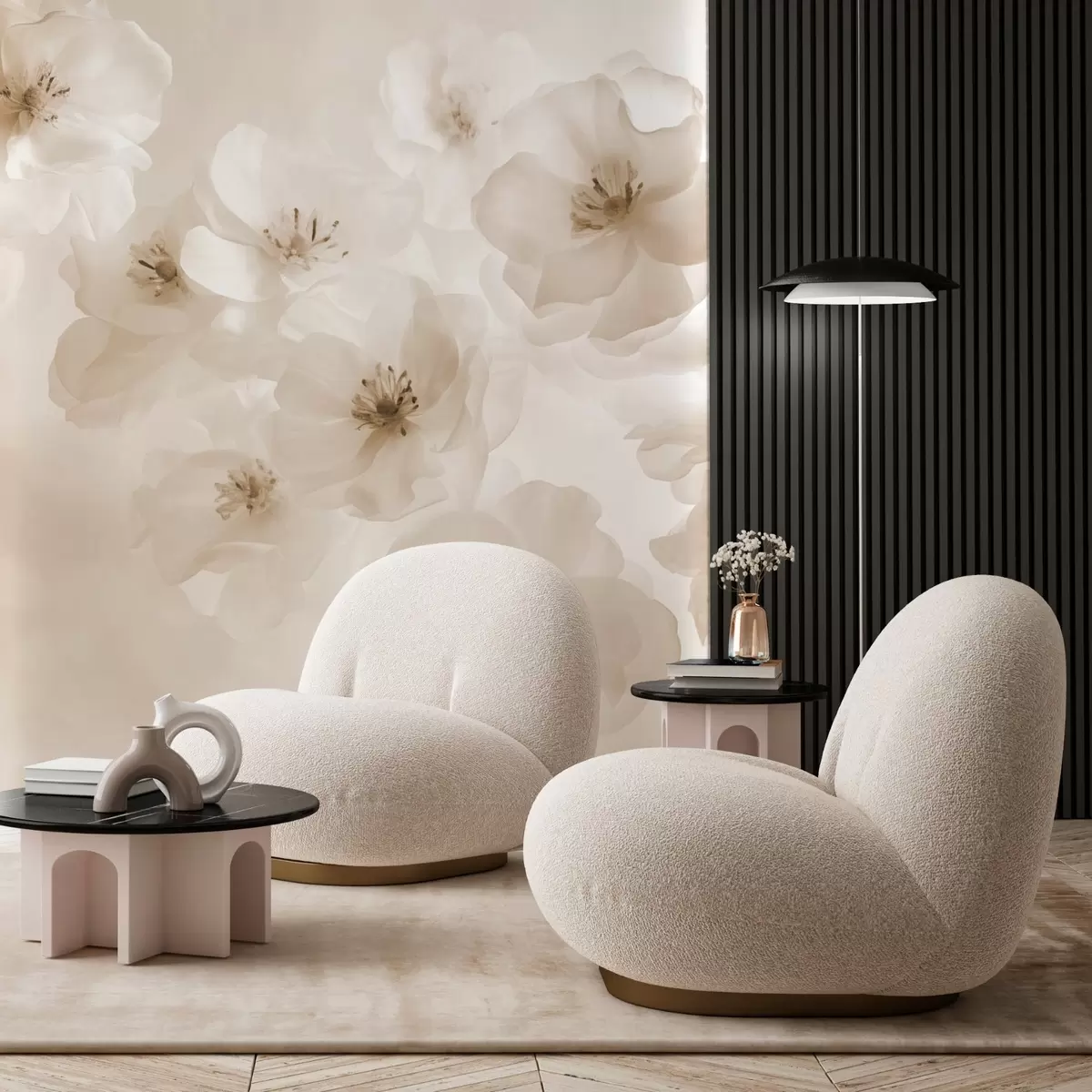 Murale Grandes fleurs délicates, nuances de beige w03931v2