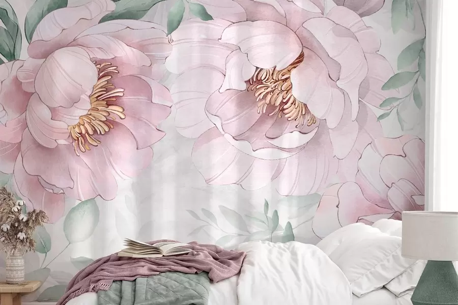 fototapeter Lyserøde pæoner imiteret akvarel w03932v2