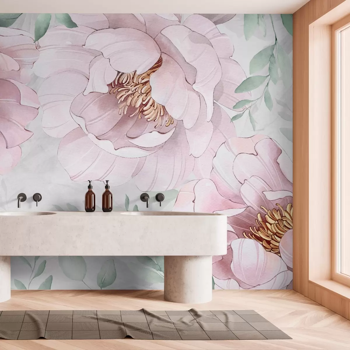 Murale Pivoines roses imitation aquarelle w03932v2