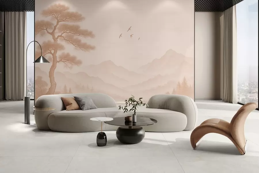 Fototapete panorama von Hügeln mit einem großen Baum in Mokka-Tönen w04033v1