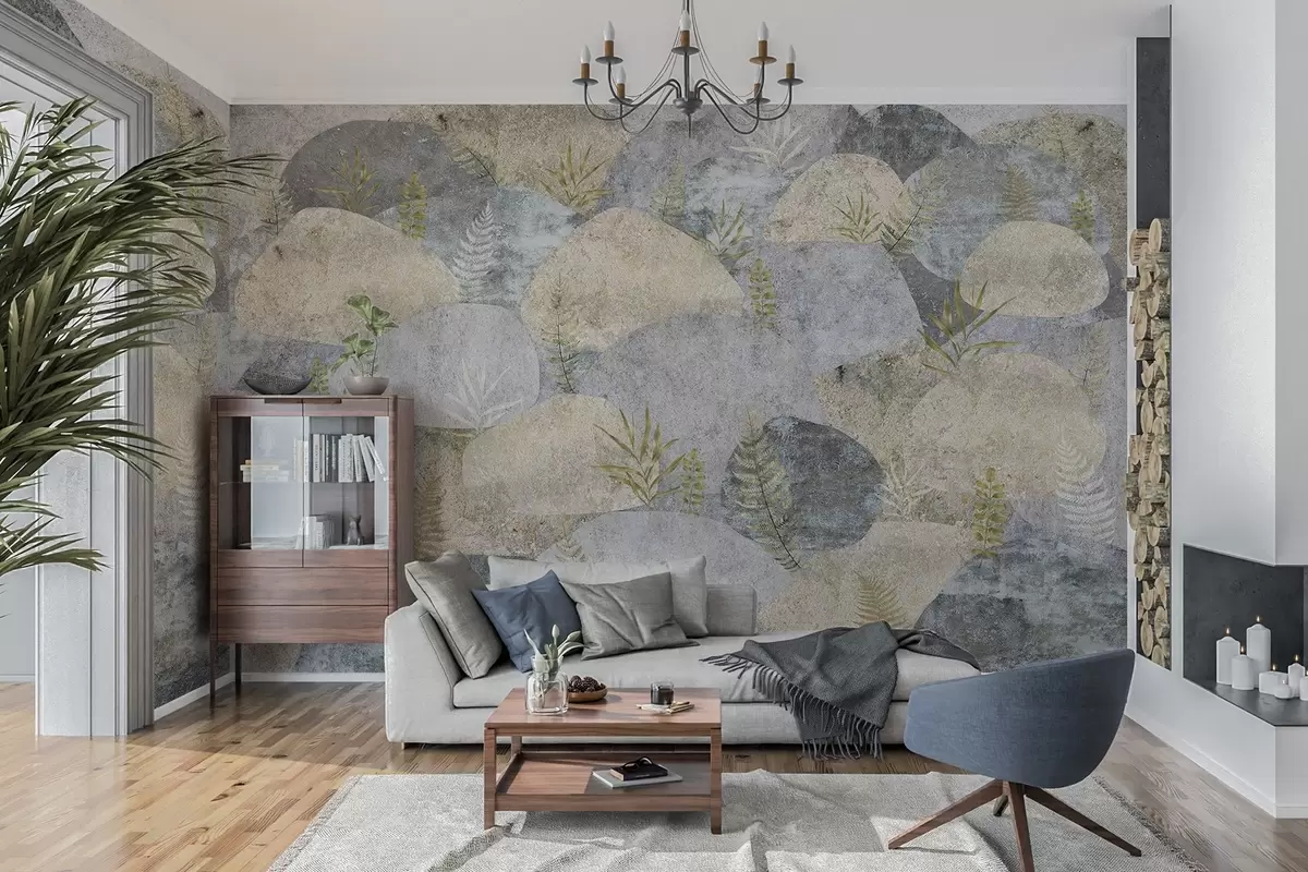 fototapeter Sten med planter, bregner, nordisk, rustik stil, grå og sandfarver w04064