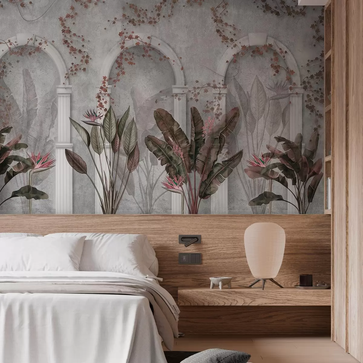 fototapeter Betonvæg med buer og tropiske planter, blomster, vinrøde farver w04065v1