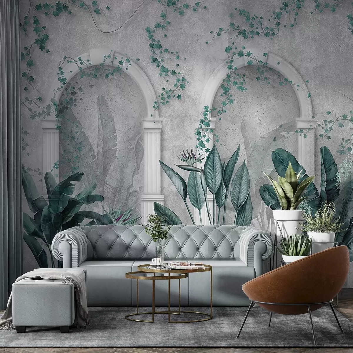 fototapeter Betonvæg med buer og tropiske planter, blomster, blå farver w04065v2