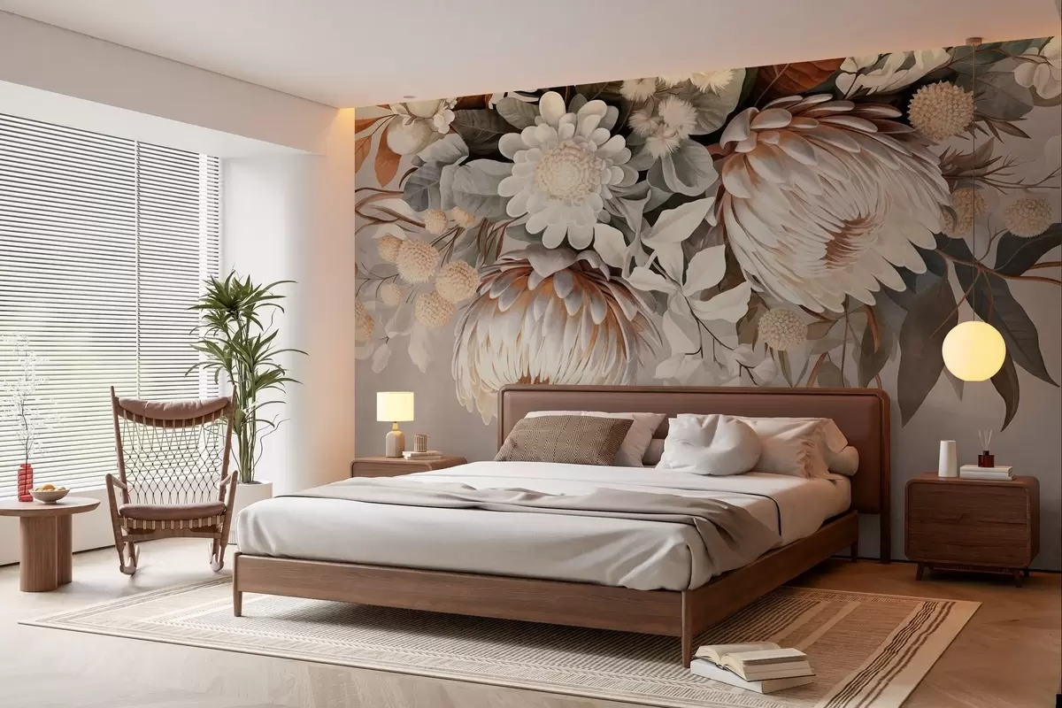 fototapeter Stor struktureret protea med brune accenter, hvide margueritter og gule blomster, beige dæmpet baggrund w09157