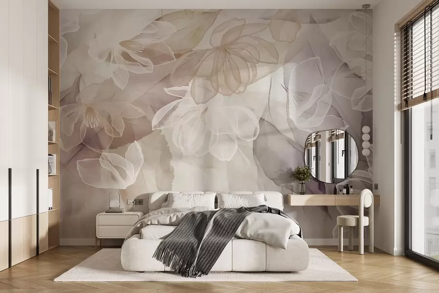 Fototapete Blüten und Blätter mit transparenten Blütenblättern in Weiß-, Beige- und Violett-Tönen, zart und fein w09158
