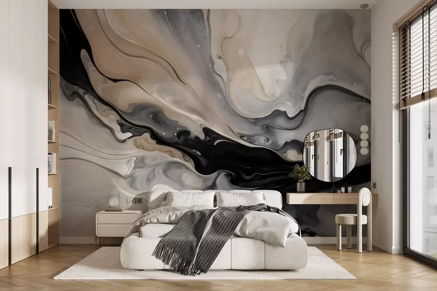 Fototapete Abstrakte, fließende, strukturierte Malerei in Schwarz-, Weiß-, Grau- und Beigetönen mit Marmorimitation w09160