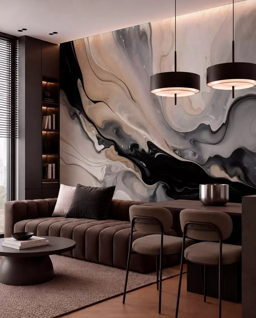 Murale Peinture abstraite à la texture fluide dans des tons de noir, blanc, gris et beige imitation marbre w09160