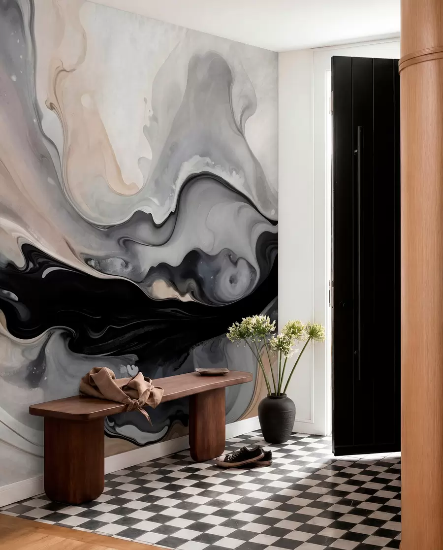 Murale Peinture abstraite à la texture fluide dans des tons de noir, blanc, gris et beige imitation marbre w09160