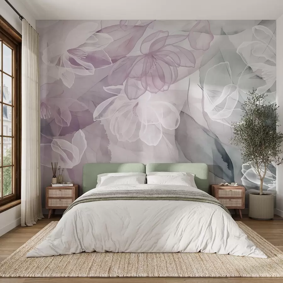 Fototapete Blüten und Blätter mit transparenten Blütenblättern in Weiß-, Rosa- und Grüntönen, weich und zart w09158v1