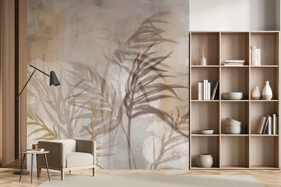 fototapeter Beige og brun botanisk illustration af pampasgræs, bløde teksturer og en minimalistisk komposition w09162