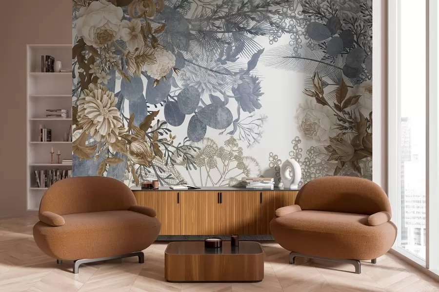 Fototapete Vintage-Blumenarrangement mit Rosen, Eukalyptus und Mimosen in Blau- und Brauntönen w09164