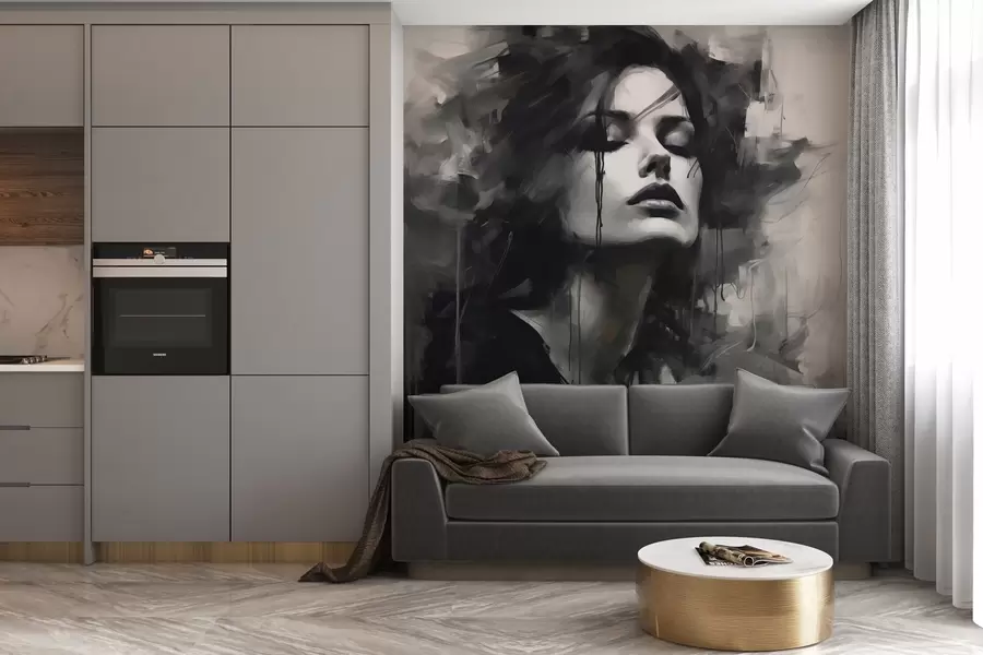 Fototapete Porträt einer Frau in grauem und schwarzem Gewand w04049