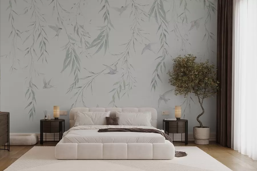 Murale Brindilles avec feuilles vertes suspendues et oiseaux w04052