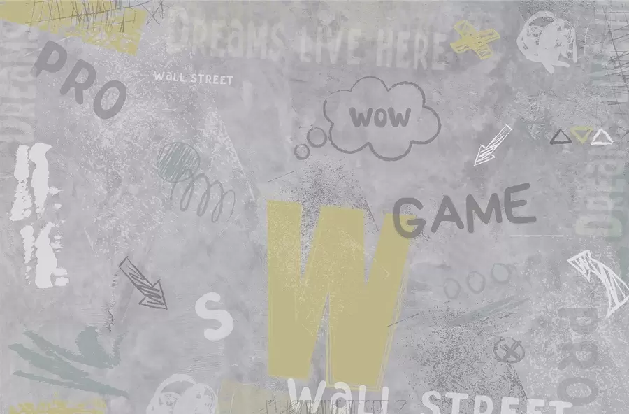 fototapeter Design i street art-stil med gule farveinskriptioner på baggrund af betonvæg w04056