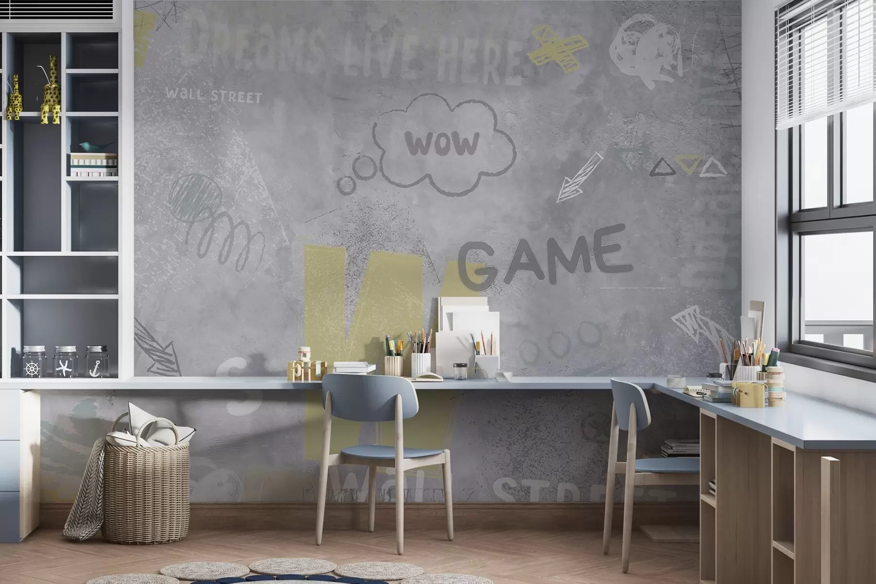 Fototapete Design im Street-Art-Stil mit gelber Farbe Inschriften auf dem Hintergrund der Betonwand w04056