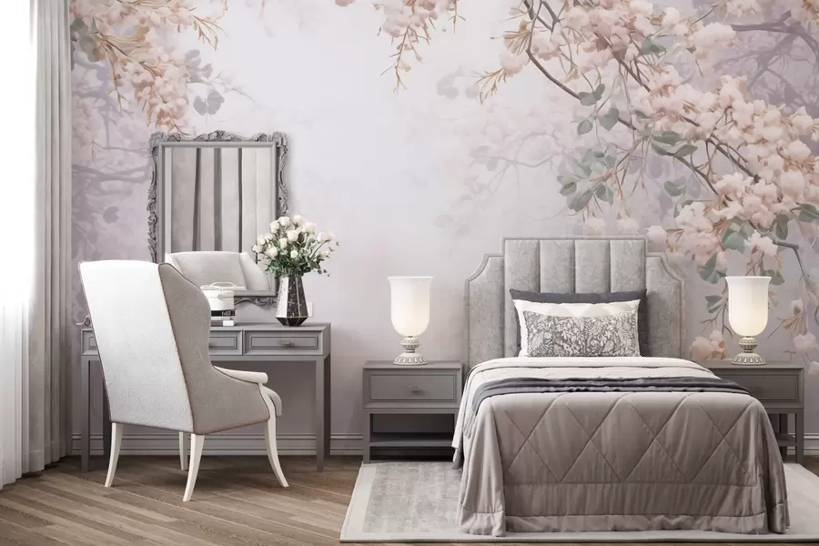 Fototapete Zweige eines blühenden Baumes im Nebel w04062