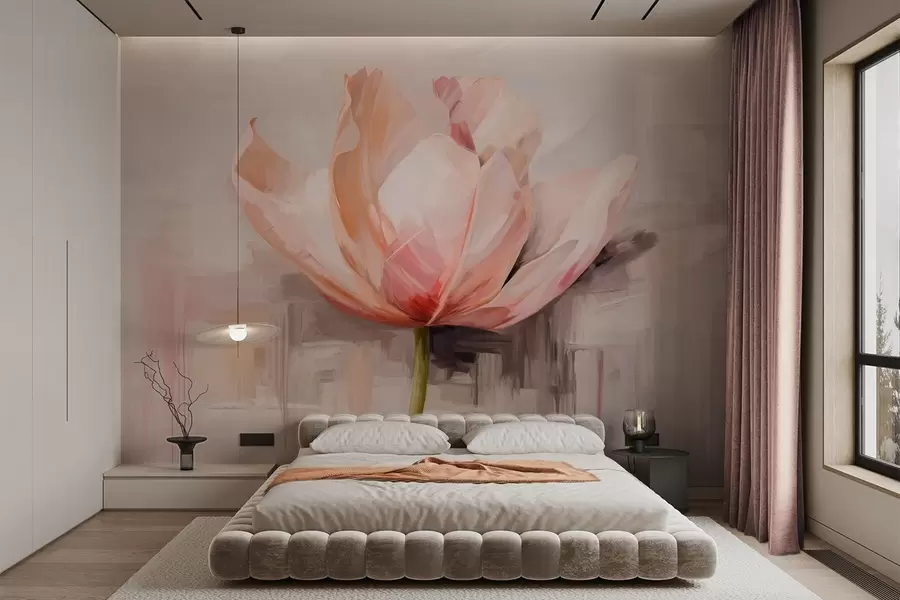 Fototapete Rosa Tulpe, Ölgemälde Nachahmung mit weichen Pinselstrichen, abstrakten Hintergrund mit Pastell Schattierungen von Grau und Beige w09187