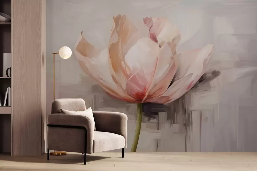 Fototapete Rosa Tulpe, Ölgemälde Nachahmung mit weichen Pinselstrichen, abstrakten Hintergrund mit Pastell Schattierungen von Grau und Beige w09187