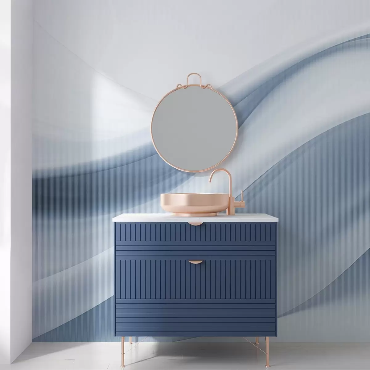 Murale Impression abstraite avec des lignes fluides et de subtiles rayures verticales, créant un sentiment de mouvement et de profondeur, palette bleue w09189v1