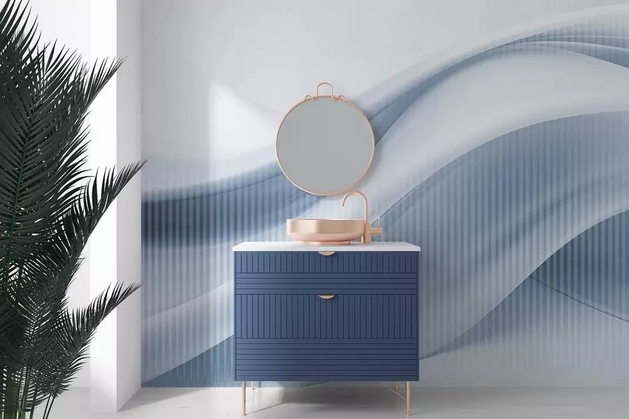 Fototapete Abstrakter Druck mit fließenden Linien und subtilen vertikalen Streifen, die ein Gefühl von Bewegung und Tiefe vermitteln, blaue Farbpalette w09189v1