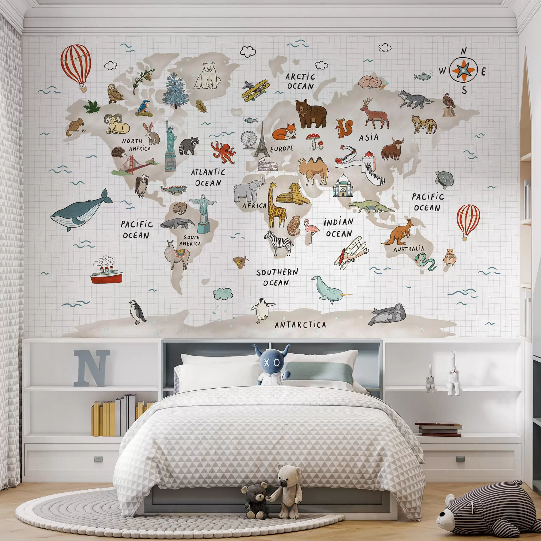 Murale Carte du monde avec animaux et points de repère w04011
