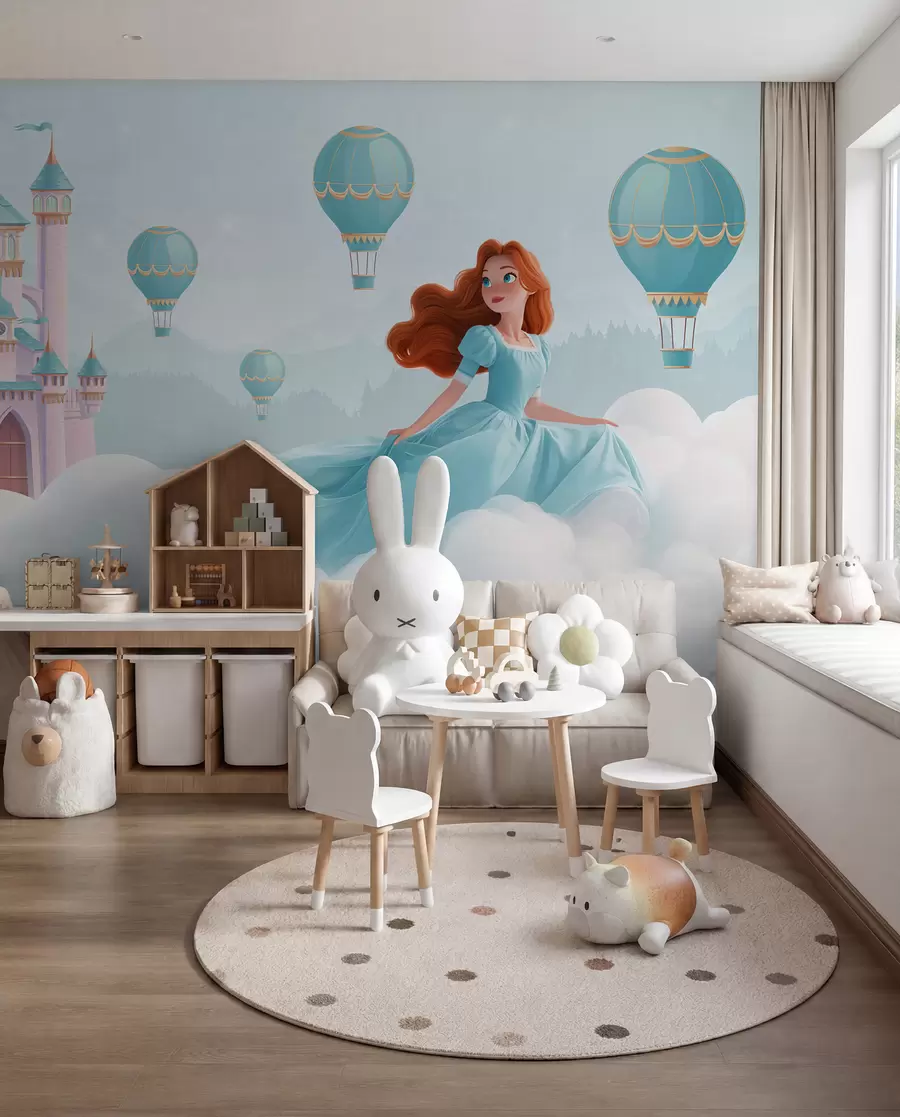Murale Princesse parmi les nuages sur fond de paysage avec château w04015