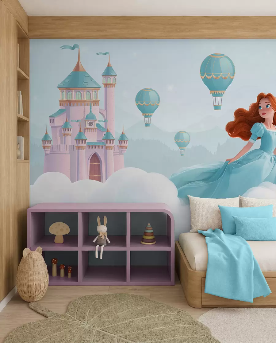 Murale Princesse parmi les nuages sur fond de paysage avec château w04015
