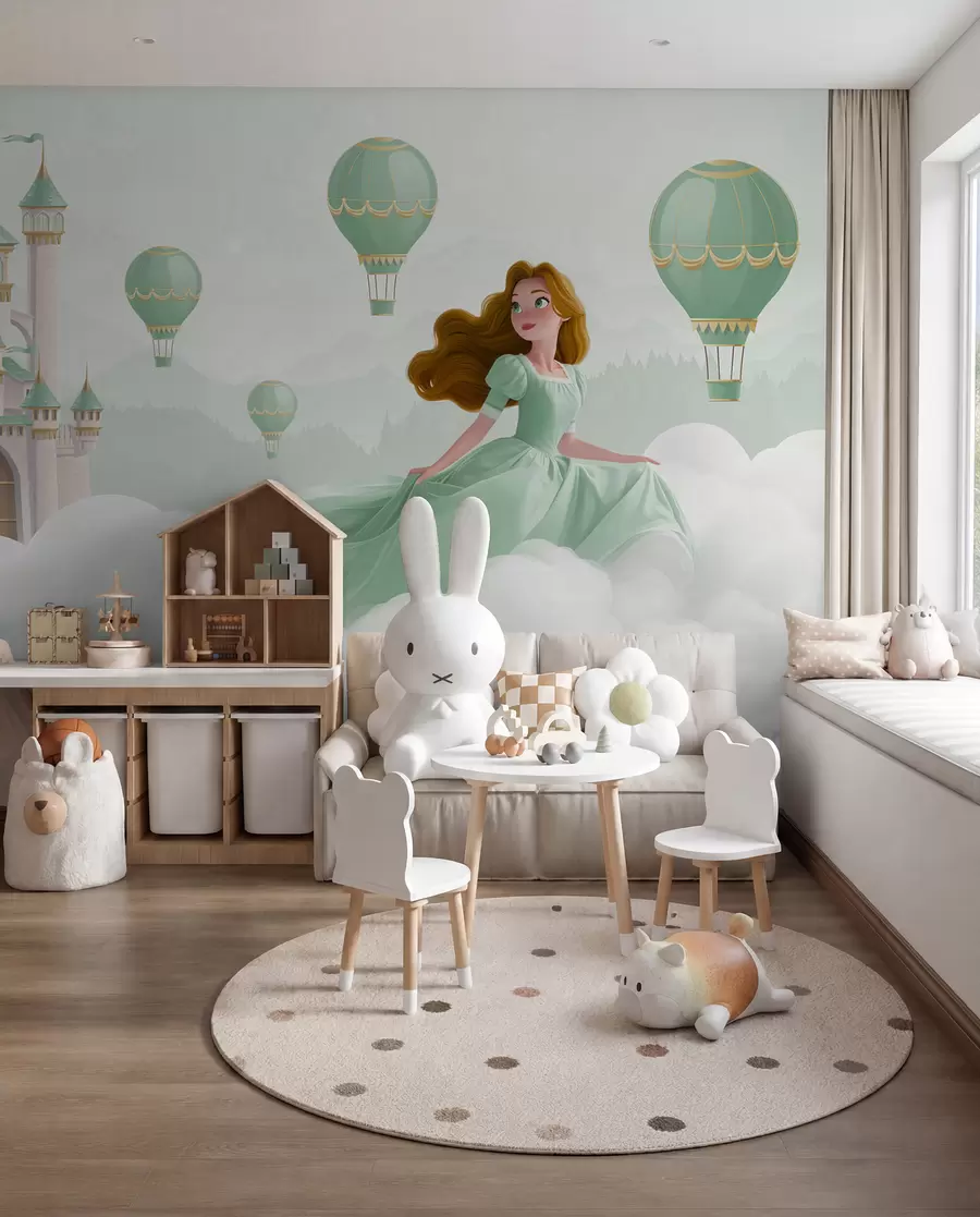Murale Princesse parmi les nuages sur fond de paysage avec château w04015v2