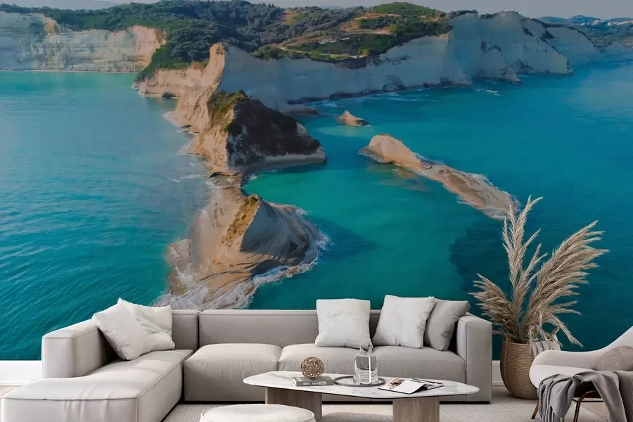 Fototapete Griechenland Insel, Öl-Stil Textur, Meer Küste, aquamarin Wasser, Realismus w04094