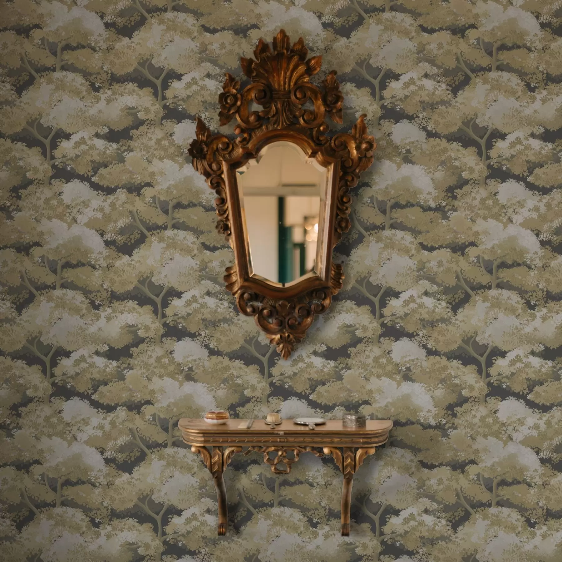 fototapeter Mørkt skovmønster med træer i varme farver a00170