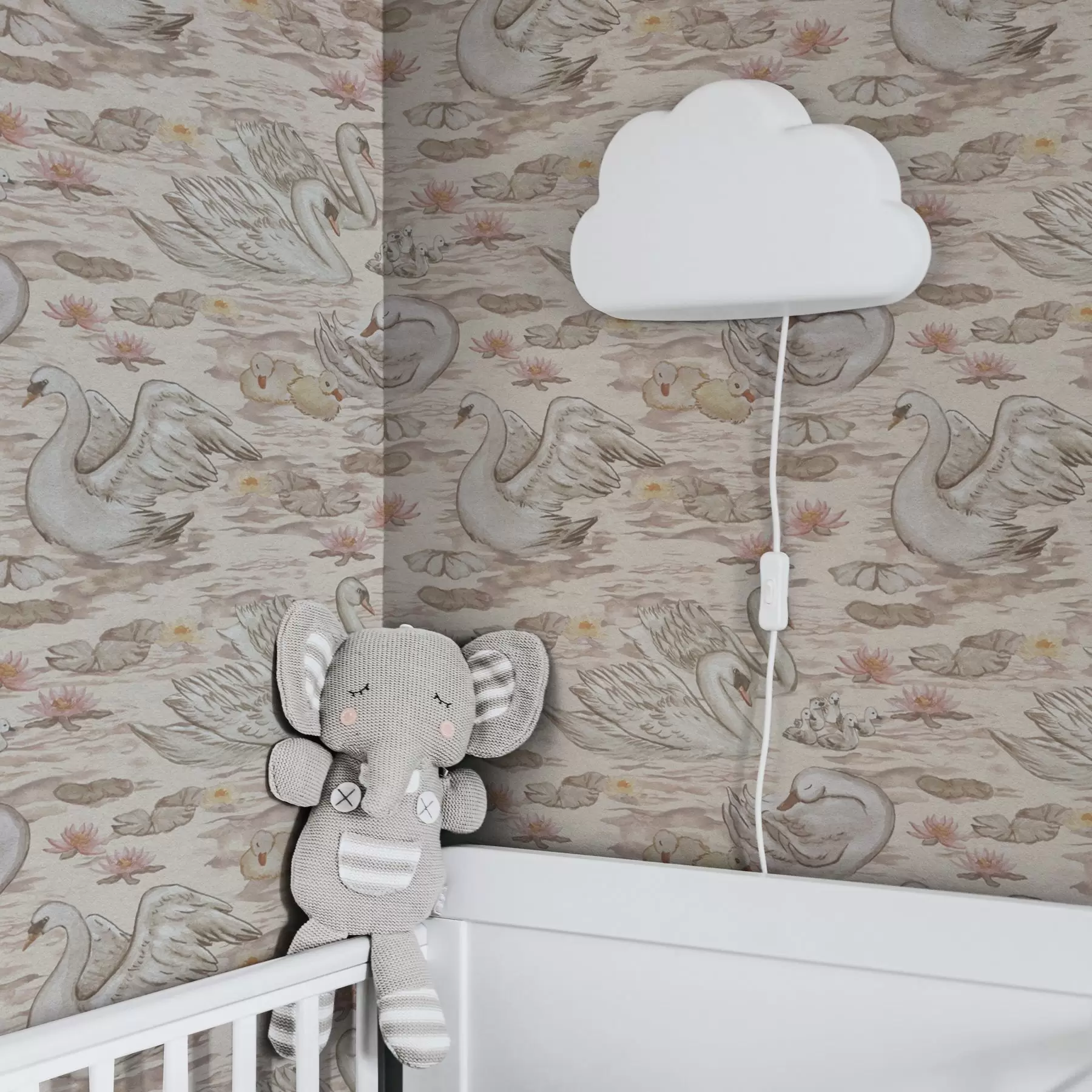 Murale Cygnes avec poussins sur fond rose avec nénuphars a00176