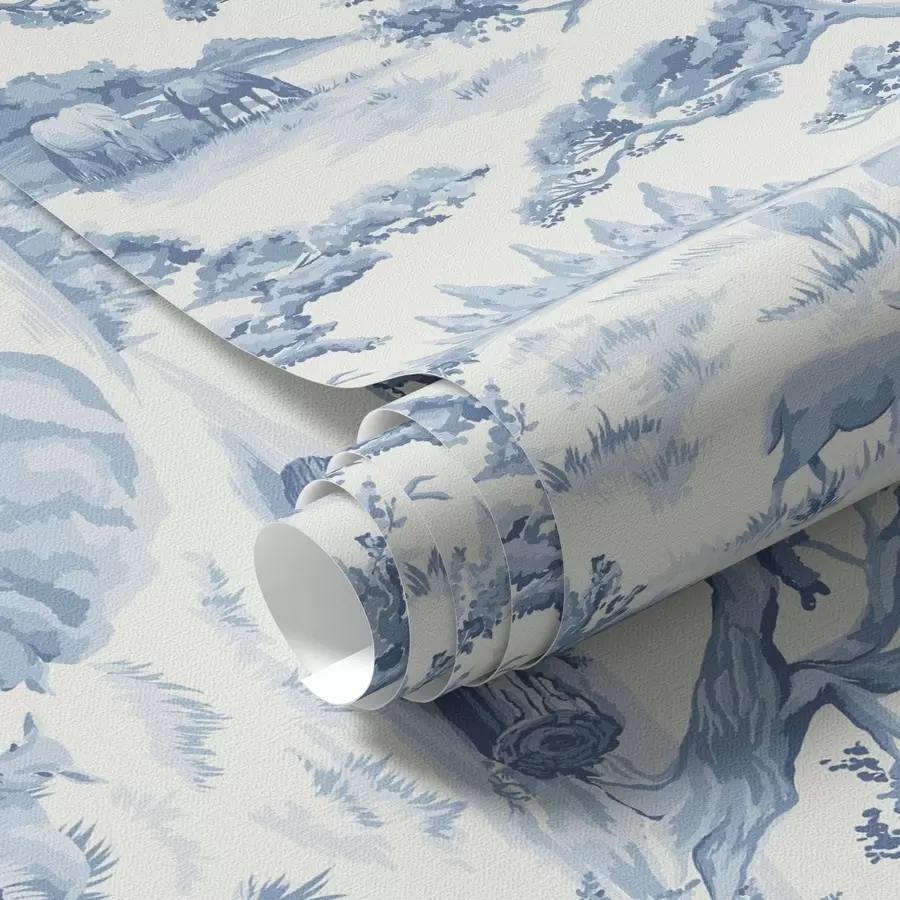 Murale Paysage rural dans les tons bleus avec des moutons et des arbres a00178