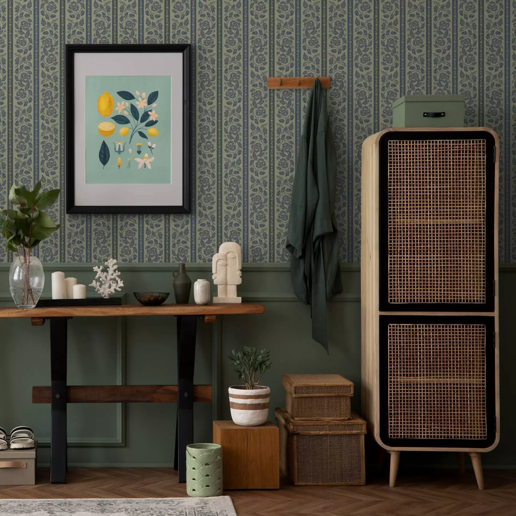 Murale Ornement vintage bleu avec fleurs et glands a00181v1