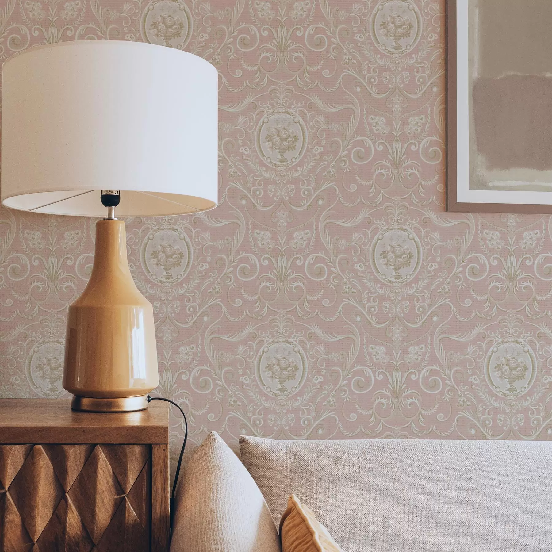 Murale Motif classique rose avec médaillons et fleurs a00185