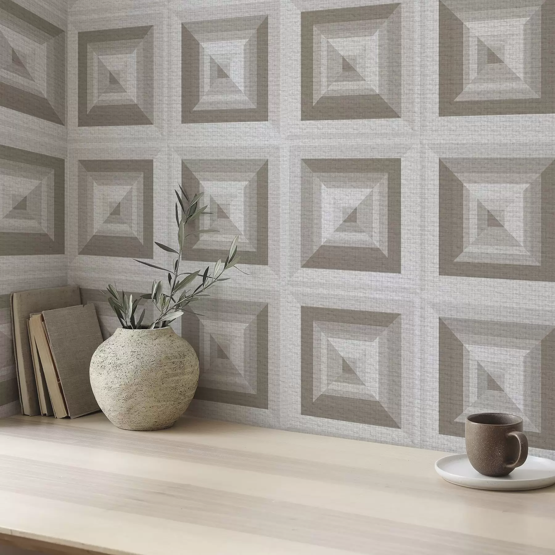 Murale Motif géométrique tridimensionnel en gris et beige a00187
