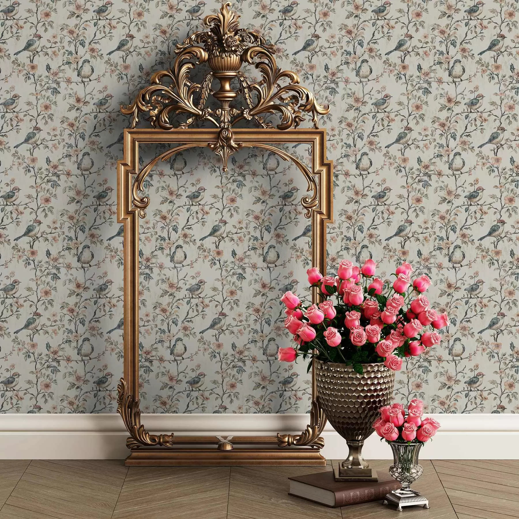 fototapeter Fugle på grene med blomster i retro akvarel-stil a00197